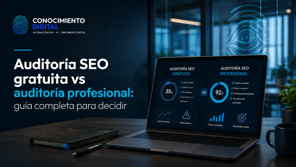 Comparativa entre una auditoría SEO gratuita y una auditoría SEO profesional mostrando un análisis completo del posicionamiento web.