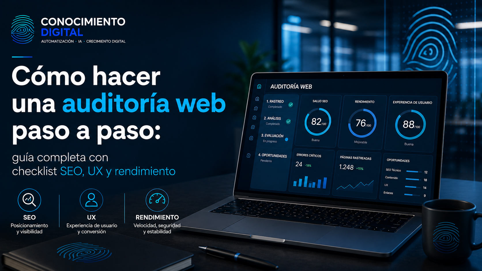Auditoría web paso a paso con checklist de SEO, experiencia de usuario y rendimiento mostrada en un panel de análisis profesional.