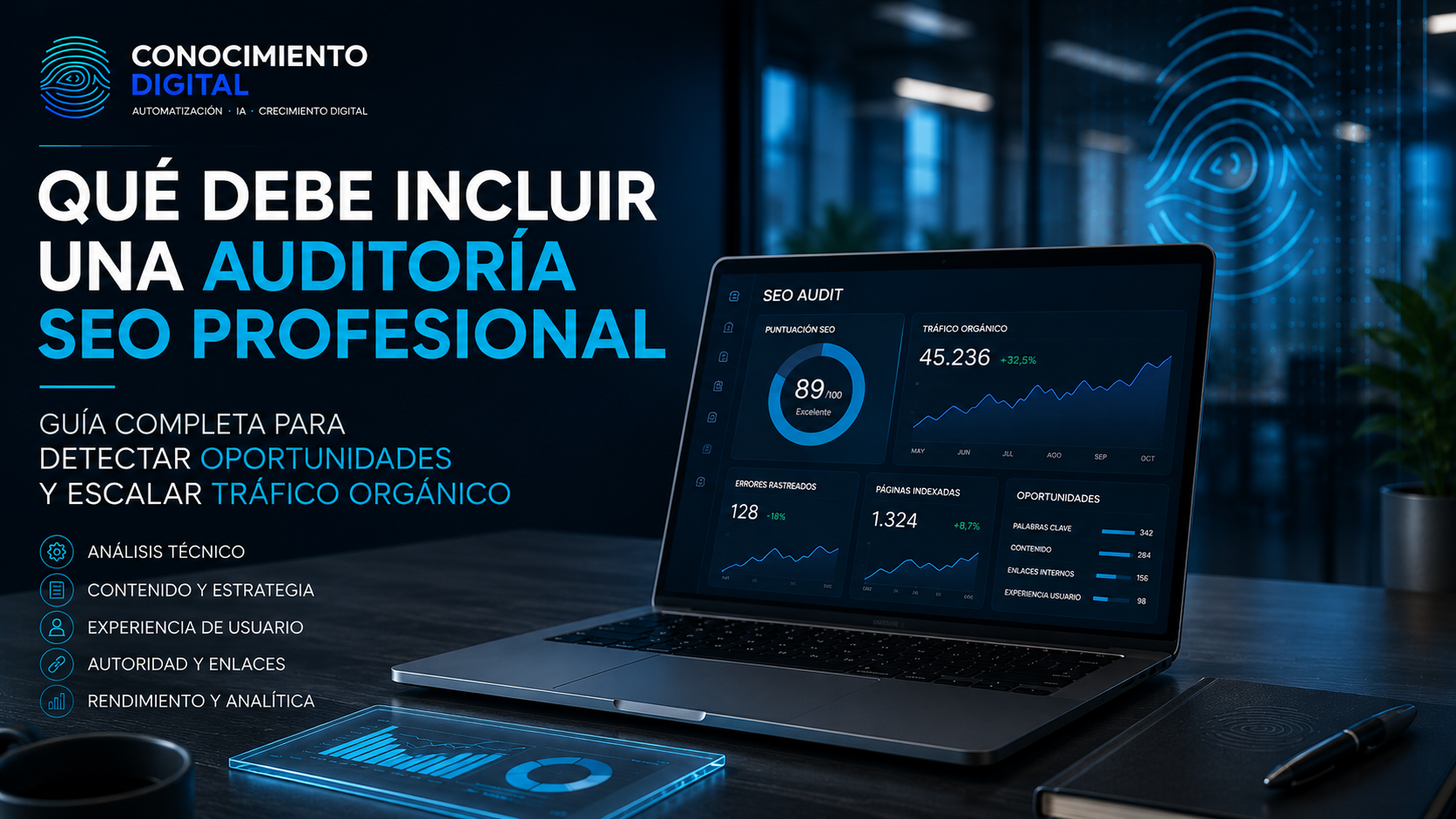 Dashboard profesional de auditoría SEO mostrando métricas de tráfico orgánico, indexación, rendimiento y oportunidades de crecimiento.
